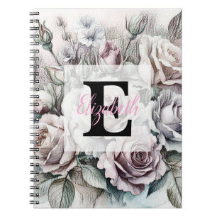 Cuaderno Dibujo floral de monograma rosas rosadas púrpuras