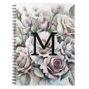 Cuaderno Dibujo floral de monograma rosas rosadas púrpuras 