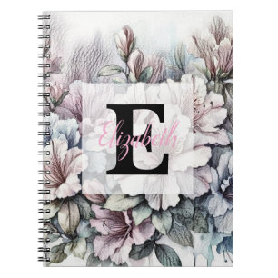 Cuaderno Dibujo floral monograma de azaleas rosadas y azule