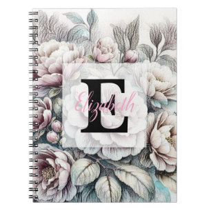 Cuaderno Dibujo floral monograma de peonías rosas y azules