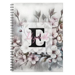Cuaderno Dibujo floral monograma flor de cerezo rosa