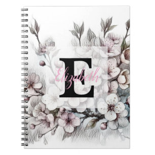 Cuaderno Dibujo floral monograma flor de cerezo rosa 