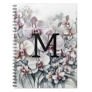 Cuaderno Dibujo floral monograma flores de orquídea rosadas