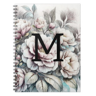 Cuaderno Dibujo floral monograma flores peonías rosadas azu