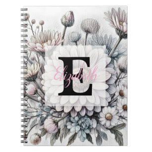 Cuaderno Dibujo floral monograma margaritas gerbera rosadas