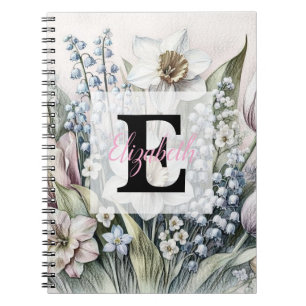 Cuaderno Dibujo floral monograma tulipanes rosados narcisos