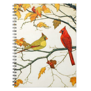 Cuaderno Dibujo japonés vintage, cardenales en una rama