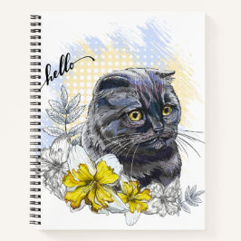 Cuaderno Dibujo manual gracioso gato negro británico con fl