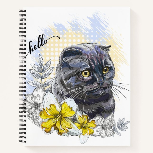 Cuaderno Dibujo manual gracioso gato negro británico con fl (Anverso)