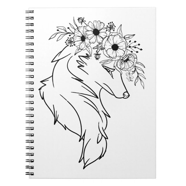 Cuaderno Dibujo mínimo de líneas de lobo con flores (Frente)