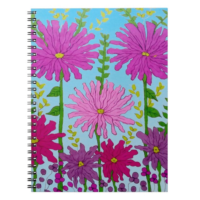 Cuaderno Dibujo vivo de flores rosadas en azul (Frente)