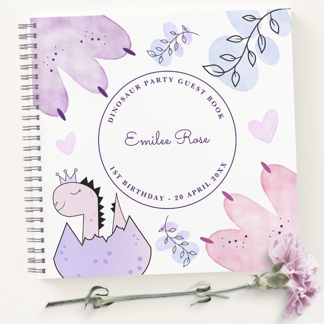 Cuaderno Dinosaur Birday Party Pink Purple Guest Book (Subido por el creador)