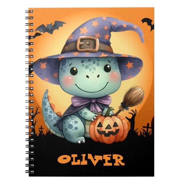 Cuaderno Dinosaurio de Halloween lindo que lleva un sombrer (Frente)