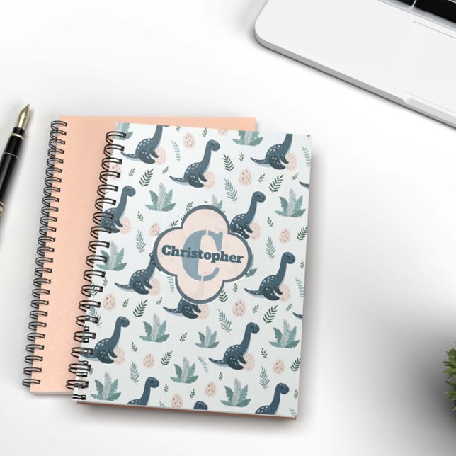 Cuaderno Dinosaurio verde azul lindo con monograma y nombre (Subido por el creador)