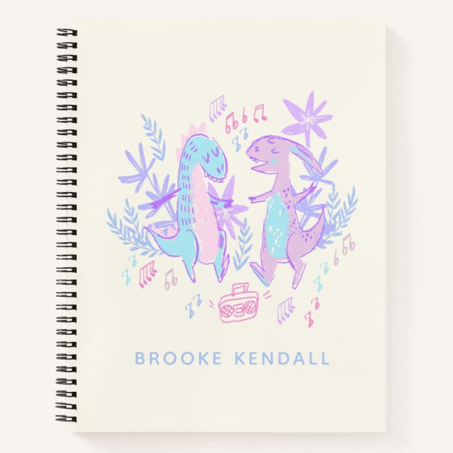 Cuaderno Dinosaurios Bailarines Pastel Morado Azul Personal (Anverso)