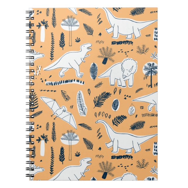 Cuaderno dinosaurios divertidos con patrón de hojas de palm (Frente)