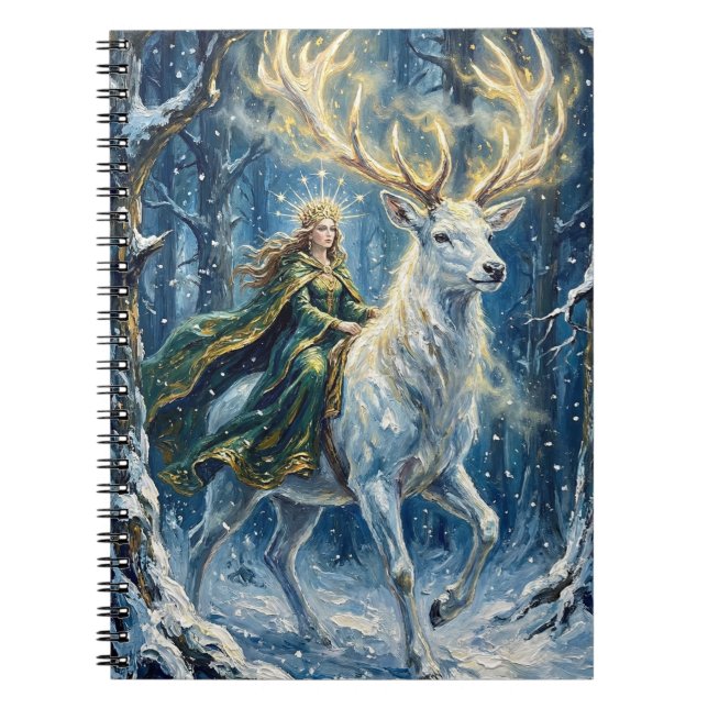 Cuaderno Diosa celta y ciervo blanco brillante (Frente)