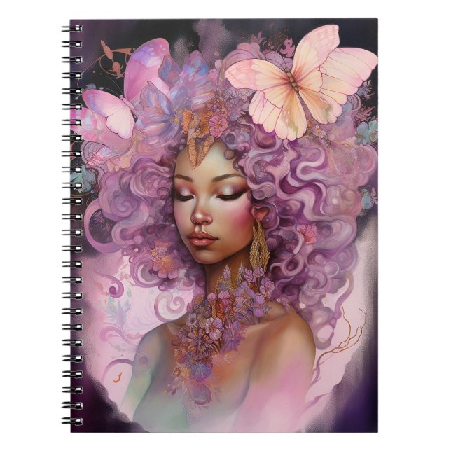 Cuaderno Diosa Negra Arte de fantasía morado rosado (Frente)