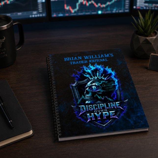 Cuaderno Disciplina Sobre Hype Azul Grunge Bitcoin (Personalization and product image shown for illustration purposes only.)