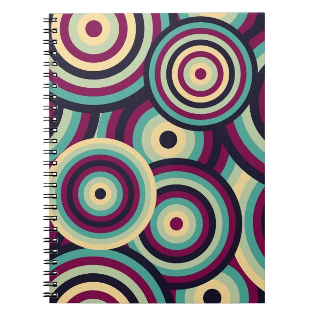 Cuaderno Discos retro azul púrpura, patrón abstracto. (Frente)
