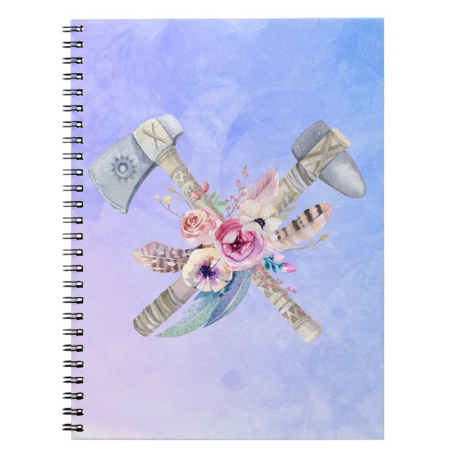Cuaderno Diseño acuarela de plumas y flores Tomahawk (Frente)