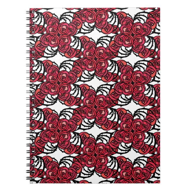 Cuaderno Diseño Art Nouveau Floral rojo y rosa negro (Frente)