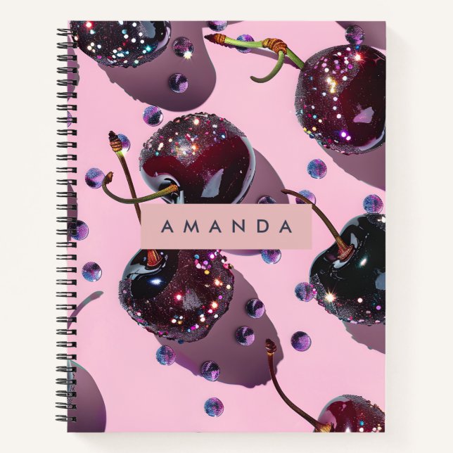 Cuaderno Diseño Cereza Brillo Glam Personalizado (Anverso)