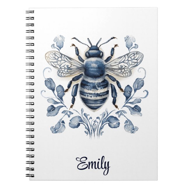 Cuaderno Diseño de abejas de estilo Delft azul y blanco con (Frente)