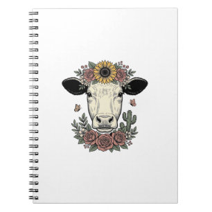 Cuaderno diseño de grabado vintage de cabeza de vaca floral