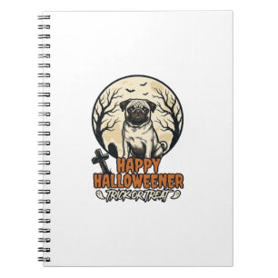 Cuaderno Diseño de grabado vintage de Pug Halloween Truco o