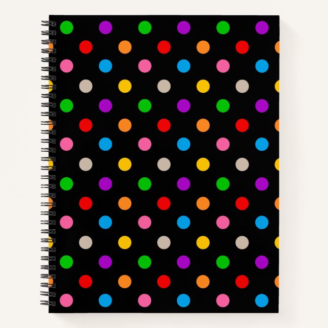 Cuaderno Diseño de lunares de arcoíris colorido negro (Anverso)