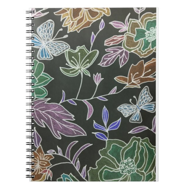 Cuaderno Diseño de mariposas y flores de fondo oscuro (Frente)