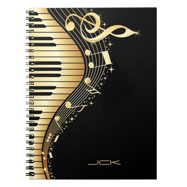 Cuaderno Diseño de Monograma Elegante Black And Gold Music  (Frente)