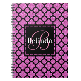Cuaderno Diseño de monograma rosado y quatrefoil Purpurina