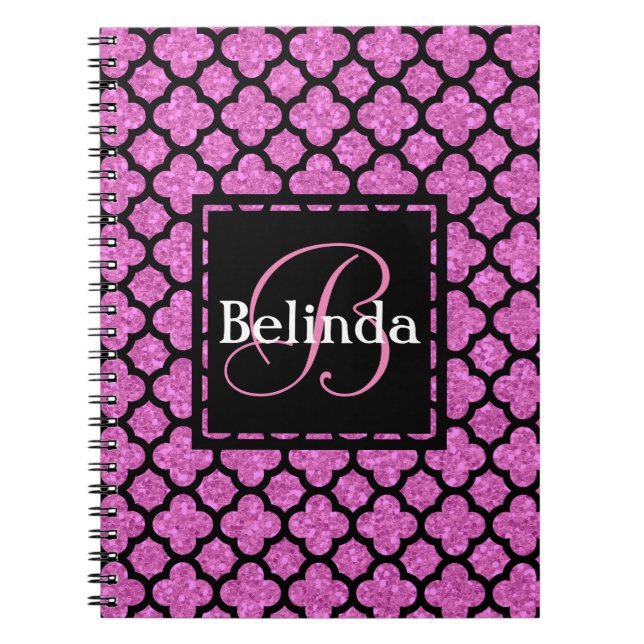 Cuaderno Diseño de monograma rosado y quatrefoil Purpurina (Frente)
