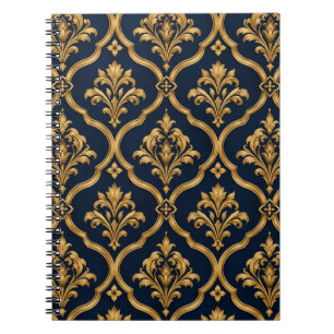 Cuaderno Diseño de Motivo Vintage de Damasco Dorado y Azul 