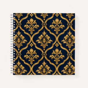 Cuaderno Diseño de Motivo Vintage de Damasco Dorado y Azul 