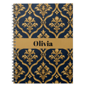 Cuaderno Diseño de Motivo Vintage de Damasco Dorado y Azul
