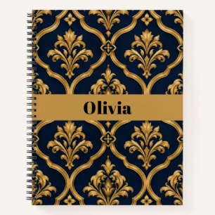 Cuaderno Diseño de Motivo Vintage de Damasco Dorado y Azul