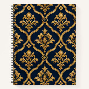 Cuaderno Diseño de Motivo Vintage de Damasco Dorado y Azul 