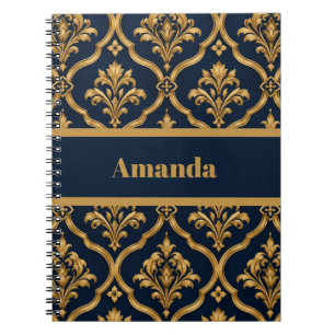 Cuaderno Diseño de Motivo Vintage de Damasco Dorado y Azul 
