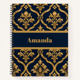 Cuaderno Diseño de Motivo Vintage de Damasco en Oro y Azul