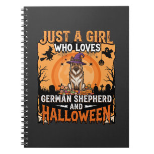 Cuaderno Diseño de niña de Halloween con pastor alemán bruj