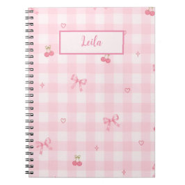 Cuaderno Diseño de nombre con lazo de cereza en gingham ros