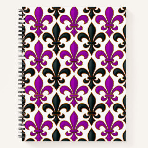 Cuaderno Diseño de patrón barroco de flor de lis negro púrp