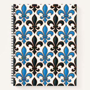 Cuaderno Diseño de patrón barroco flor de lis negro azul