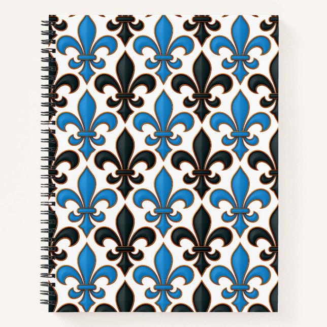 Cuaderno Diseño de patrón barroco flor de lis negro azul (Anverso)