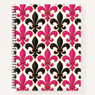 Cuaderno Diseño de patrón barroco flor de lis negro rosa