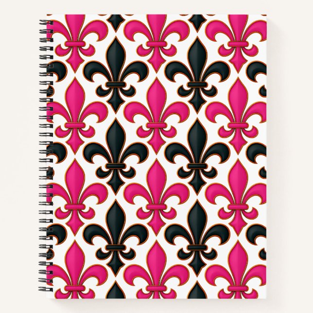 Cuaderno Diseño de patrón barroco flor de lis negro rosa (Anverso)