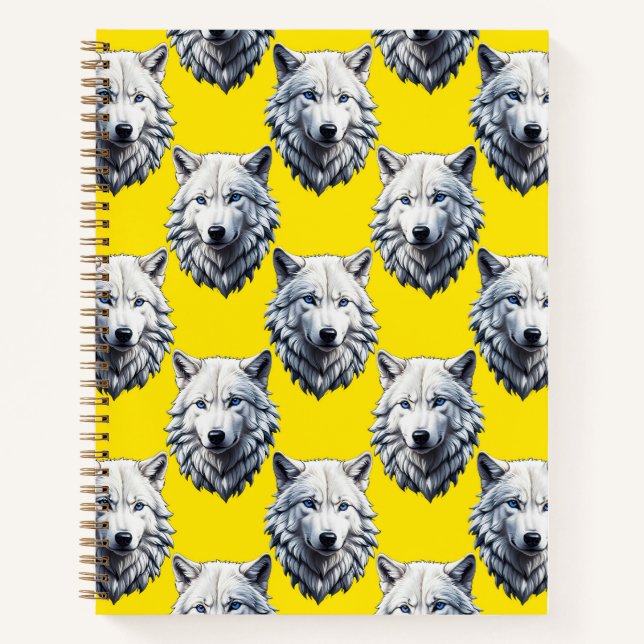 Cuaderno Diseño de patrón de cabeza de lobo blanco amarillo (Anverso)